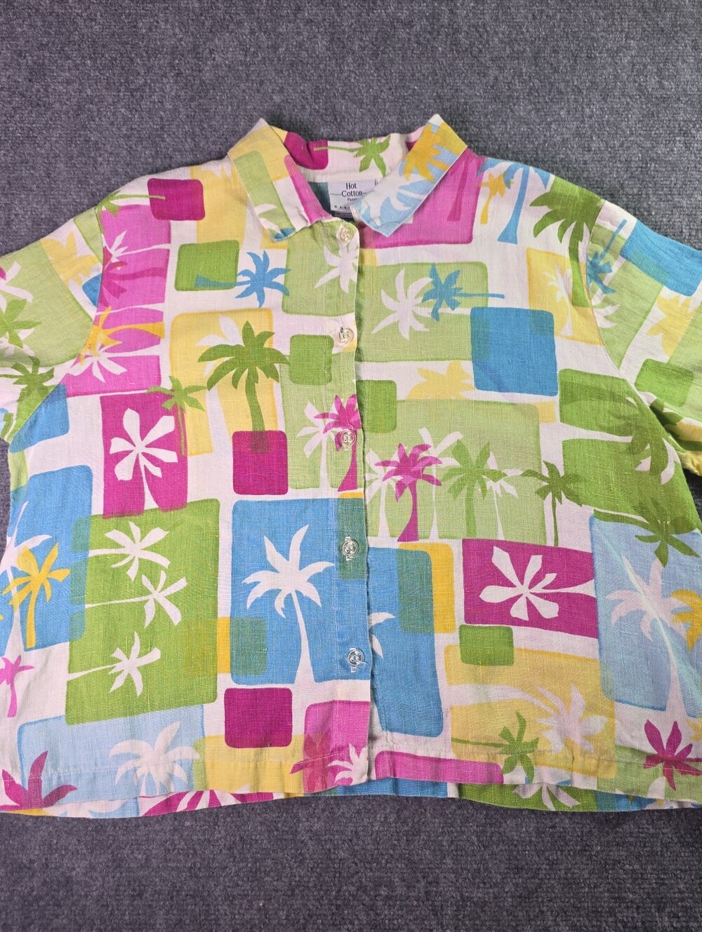 Vintage Hot Cotton Tropical Palm-Print Button Down — Pink, Green, Blue, Yellow